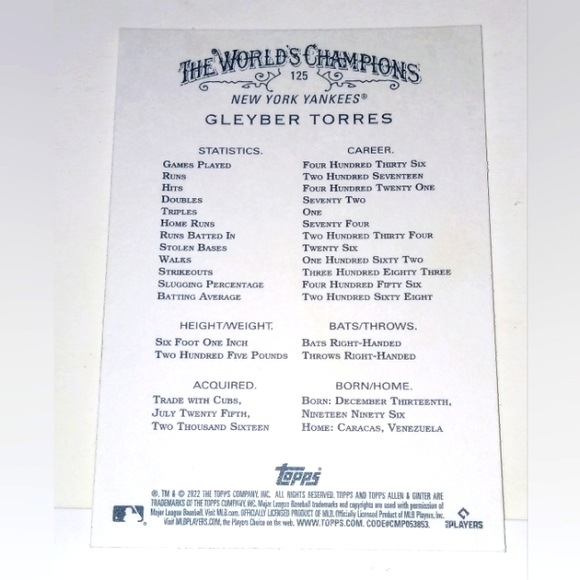 Gleyber Torres Topps Allen & Ginter 2022 #125 - Picture 2 of 2